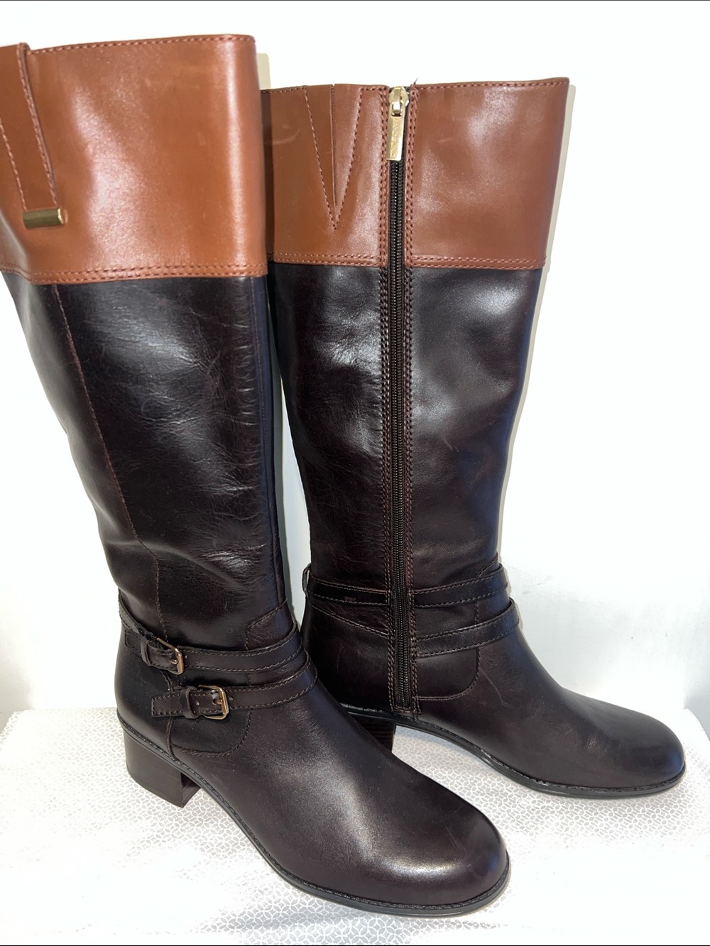 Bandalino Carlotta Knee High Two-Toned Brown Zip Up Riding Boots Size 9
